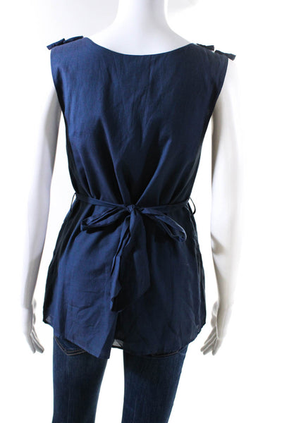 Baraschi Womens Belted Sleeveless Bow V Neck Top Blouse Blue Size 4