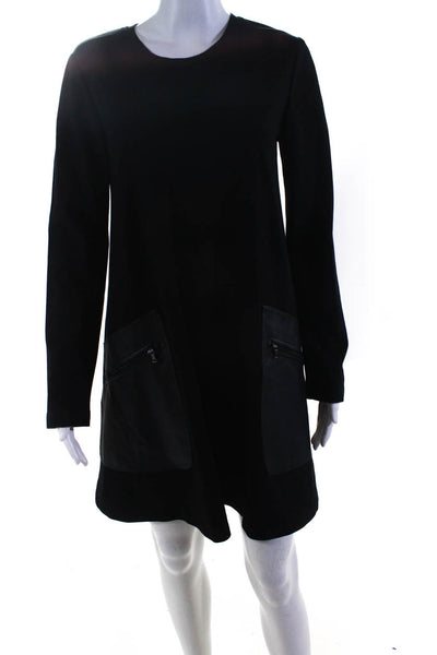 BCBG Max Azria Womens Scoop Neck Leather Pocket Flare Midi Dress Black Size XS