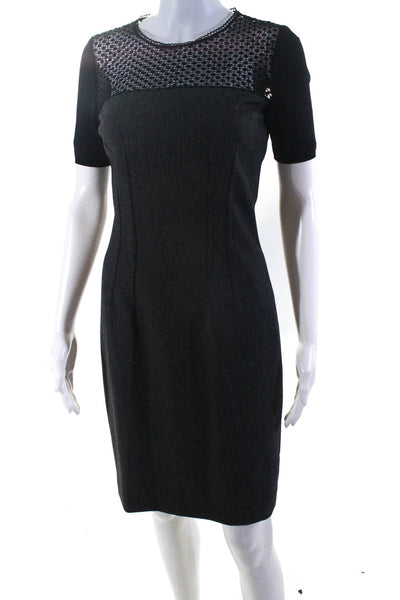 Elie Tahari Womens Lace Neckline Short Sleeved Pencil Dress Gray Black Size 2