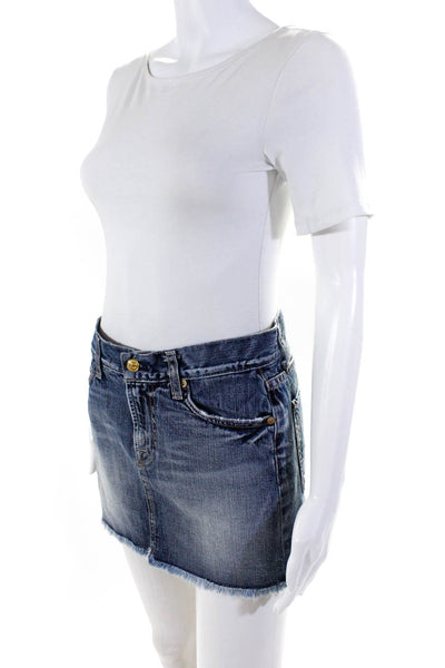 7 For All Mankind Solid Denim Frayed Distressed Mini Skirt Blue Size 27