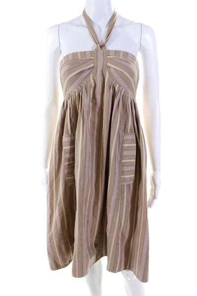 Marc By Marc Jacob Women's Halter Neck Side Pockets Striped Midi Beige Dress 2