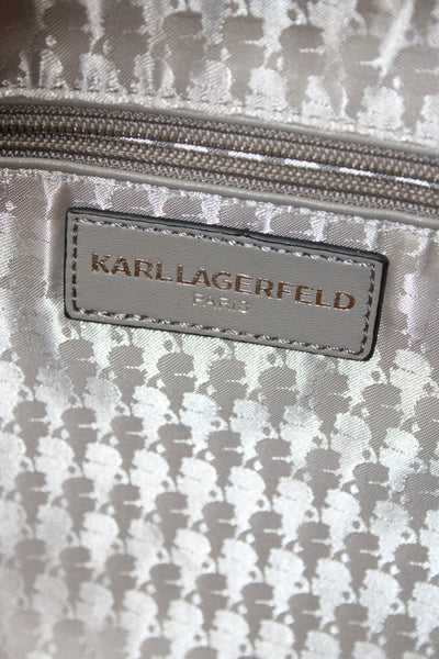 Karl Lagerfeld Womens Button Top Gold Tone Bow Leather Tote Handbag Gray