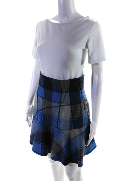 Derek Lam Womens Plaid Fleece Mini Flare Skirt Blue Gray Wool Size 6