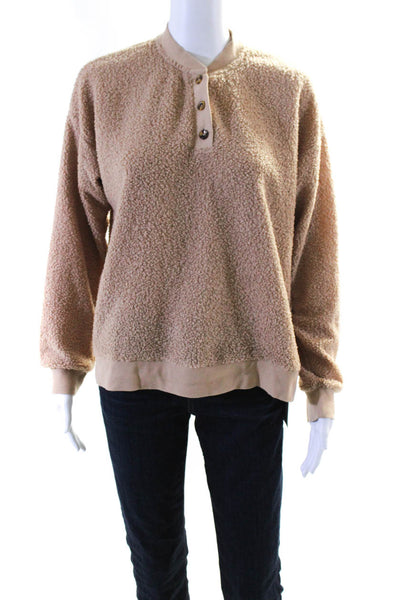 Donni Womens Crew Neck Half Button Solid Fleece Sweater Brown Size Small