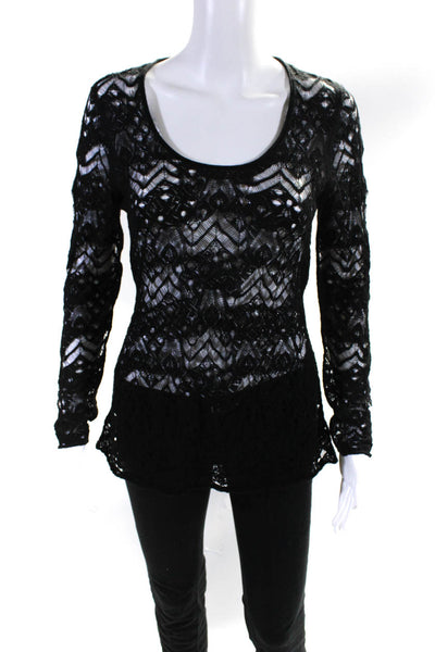 Eileen Fisher Womens Long Sleeve Sheer Lace Scoop Neck Top Blouse Black Size XS