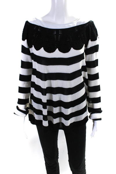 Twinset Womens Striped Boat Neck Button Up Sweater Black White Size Medium