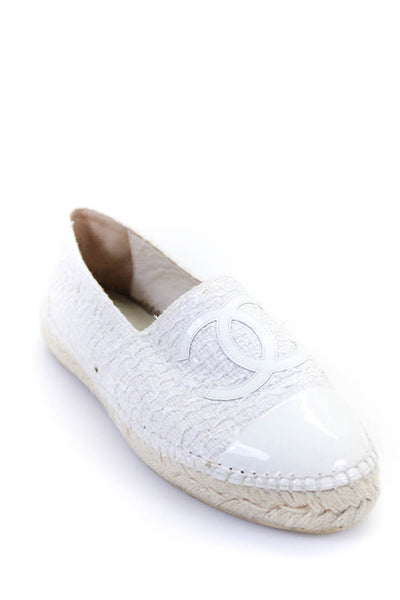 Chanel Womens CC Patent Leather Cap Toe Tweed Espadrilles Flats White Size 6