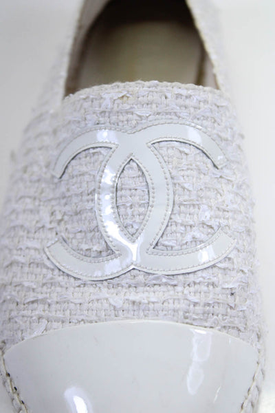 Chanel Womens CC Patent Leather Cap Toe Tweed Espadrilles Flats White Size 6