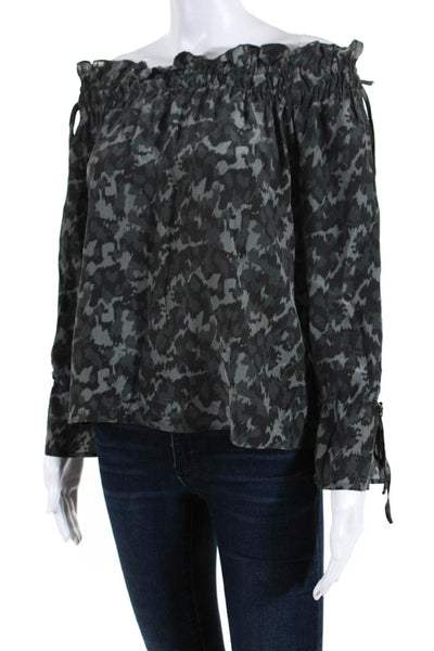 Ecru Womens Silk Camouflage Print Off The Shoulder Long Sleeve Top Gray Size S