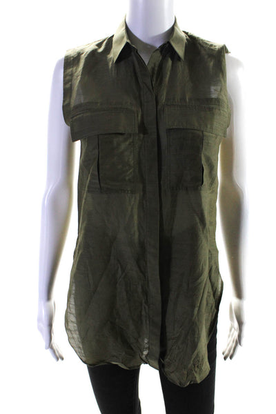 Helmut Lang Women's Cotton Silk Sleeveless Button Down Shirt Green Size P