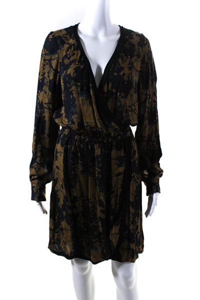 A.L.C. Womens 2011 Abstract Silk Long Sleeve Fringe Wrap Dress Brown Size Small