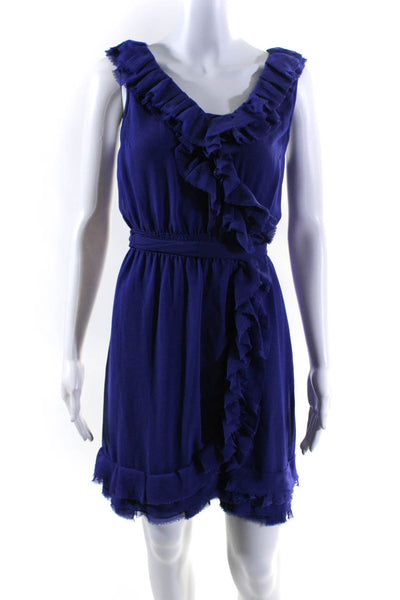 Baraschi Womens Ruffle Lace Belted Sleeveless Fringe Wrap Dress Blue Size 6P