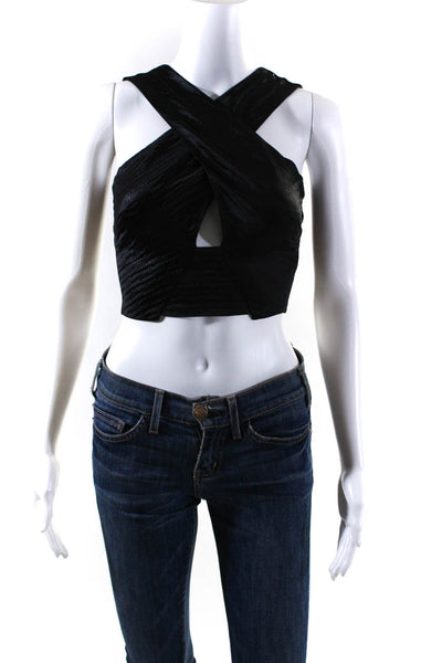L'Agence Womens Herringbone Textured Satin Criss Cross Crop Top Black Size 0