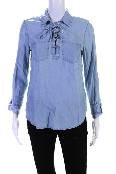 Paige Womens Lace Up V Neck Denim Style Shirt Blouse Blue Size Extra Small