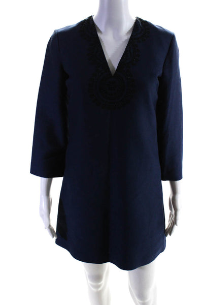 C Wonder Womens Cotton Side Zip Embroidered Long Sleeve Tunic Dress Navy Size 00