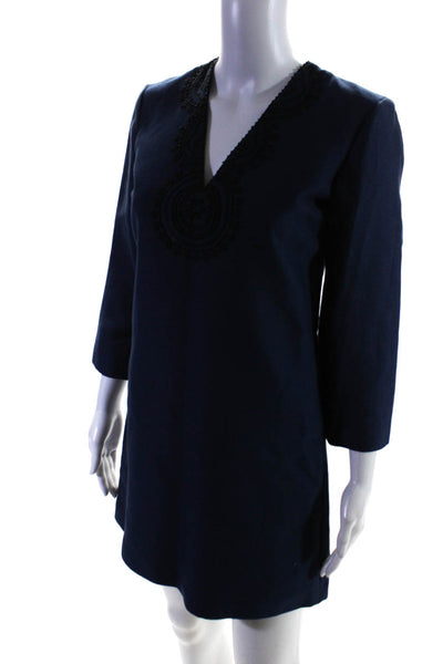 C Wonder Womens Cotton Side Zip Embroidered Long Sleeve Tunic Dress Navy Size 00