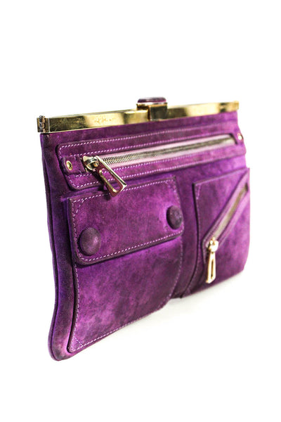 Brian Atwood Womens Suede Gold Tone Clutch Handbag Purple