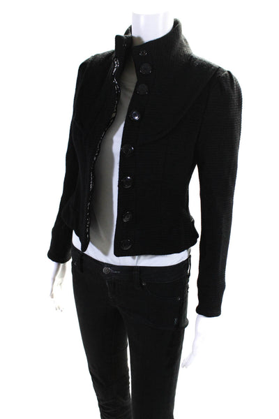 Tracy Reese Womens Ribbed Turtleneck Button Up Jacket Black Wool Size 4