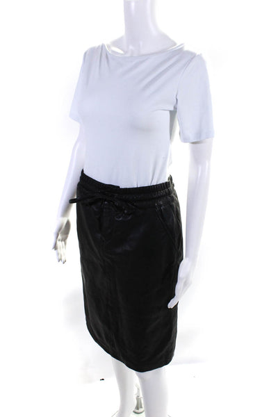 IBANA Women's Elastic Waist Drawstring Lined  Leather Skirt Black Size 36