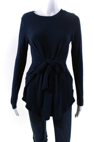 Designer Women's Crewneck Long Sleeves Tie Front Blue Blouse Size XS