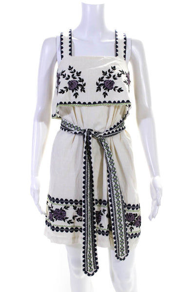 Suno women's  Racer Back Embroidered Fit Flare Cotton Mini Dress Ivory Size 0