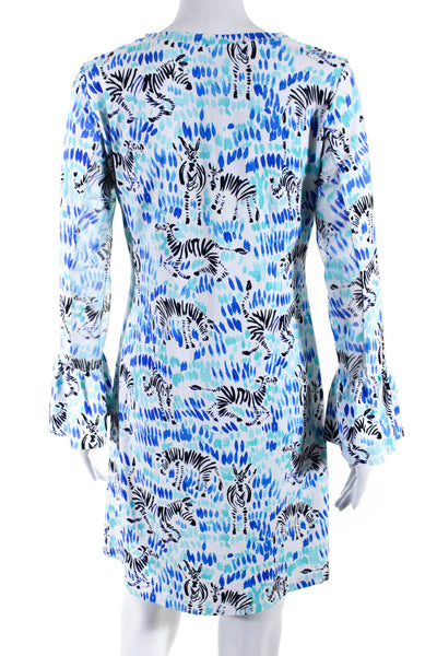 Ikbul Womens Brush Stroke Zebra Bell Sleeve Sheath Dress Blue White Size Small