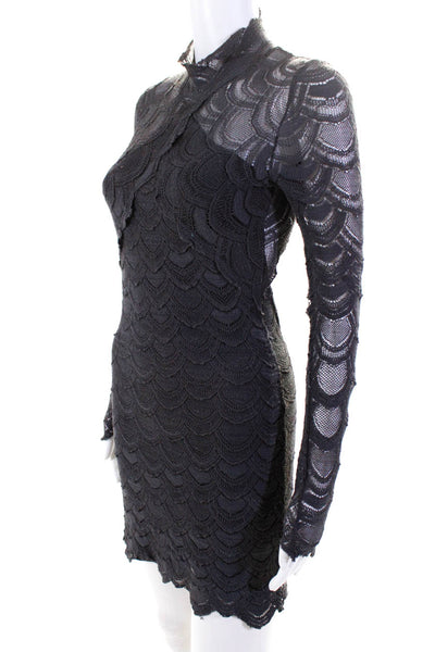 Nightcap Women's Lace High Neck Long Sleeve Key Hole Back Mini Dress Gray 2