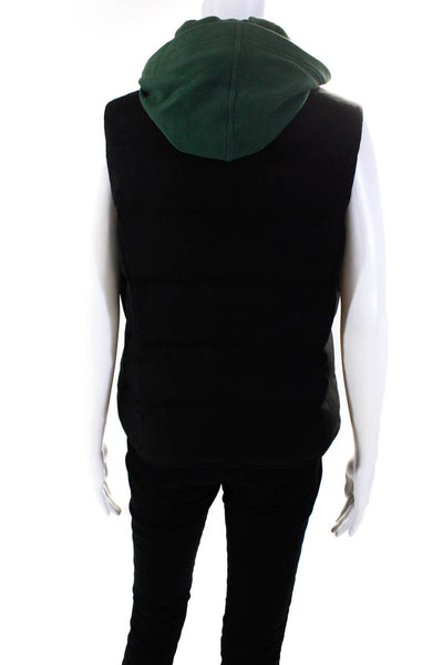 Vince Womens Knit Terry Lined Hooded Full Zip Puffer Vest Black Green Size Large