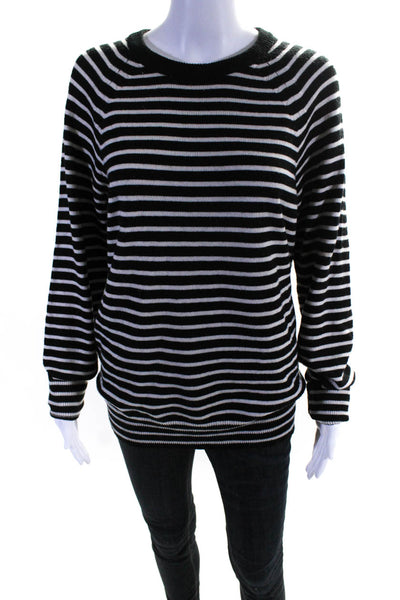 Vince Womens Merino Wool Striped Print Crewneck Sweater Top White Black Size S
