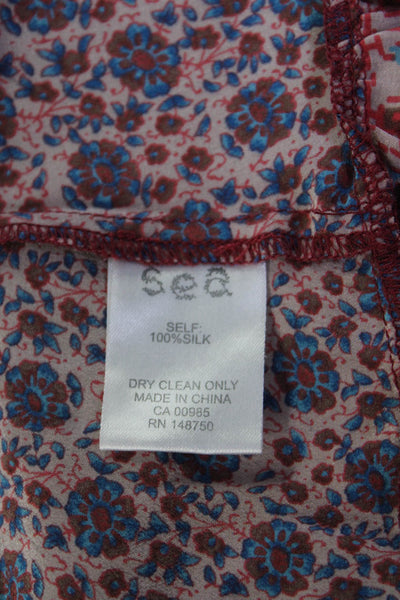 Sea Womens Silk Floral Print Neck Tie Sleeveless Peplum Top Pink Blue Size 4