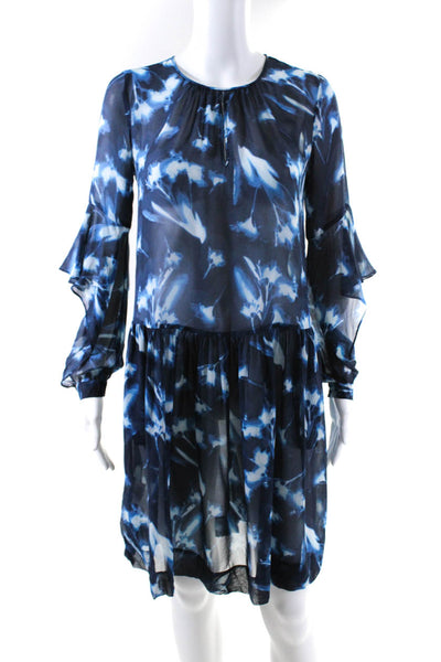 BCBG Max Azria Womens Tie Dye Tiered Keyhole Long Sleeve Midi Dress Blue Size XS