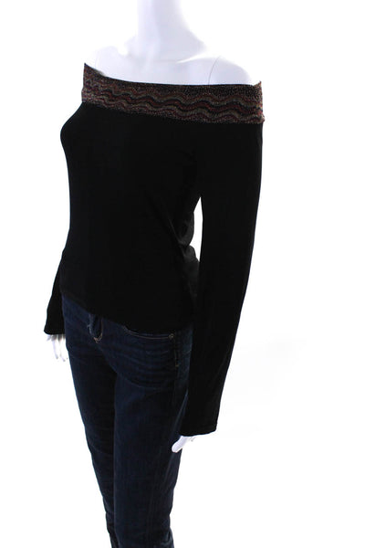 Joseph Ribkoff Womens Solid Long Sleeve Off Shoulder Sparkle Blouse Black Size L