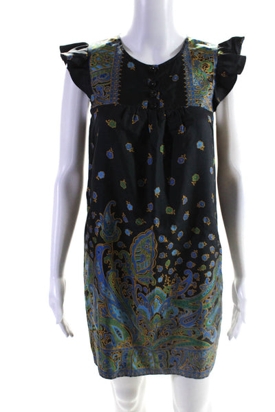 Tibi Womens Silk Floral Buttoned Zipped Ruffled A-Line Dress Black Size 2