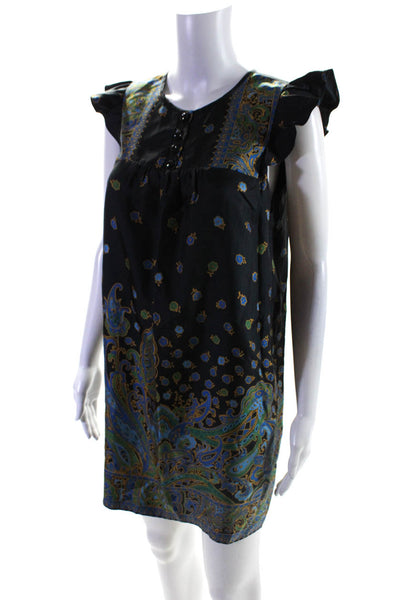 Tibi Womens Silk Floral Buttoned Zipped Ruffled A-Line Dress Black Size 2