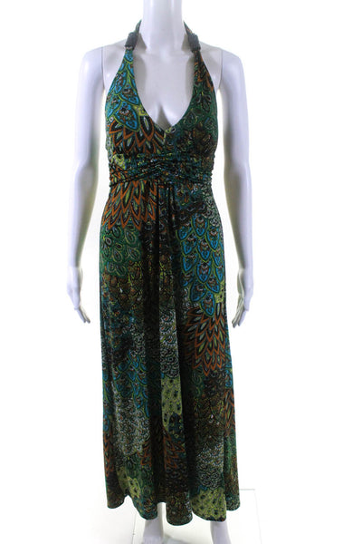 Cristina Love Womens Green Printed Halter Open Back Sleeveless Maxi Dress Size S