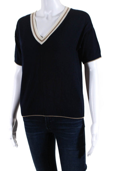 ELEVENTY Womens V Neck Short Sleeve Striped Tight Knit Sweater Blue Size 11