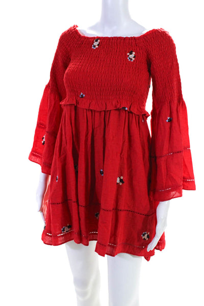 Free People Womens Cotton Ruched Embroidered Long Sleeve Dress Red Size XS