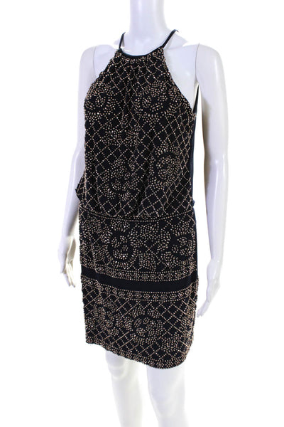 Xscape Womens Embroidered Beaded Tied Sleeveless Midi Blouson Dress Navy Size 6