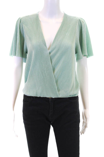 ASTR Womens Ribbed Textured Draped Ruched Hem V-Neck Blouse Top Green Size M