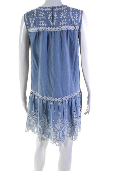 Joie Womens Eyelet Sleeveless Dress Blue White Cotton Size Extra Small