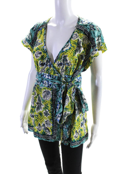 Nanette Lepore Womens V Neck Short Sleeve Abstract Silk Blouse Top Multi Size 8