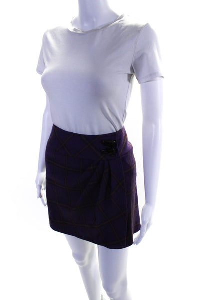 Nanette Lepore Womens Wool Waist Detail Check Print Pleated Skirt Purple Size 6