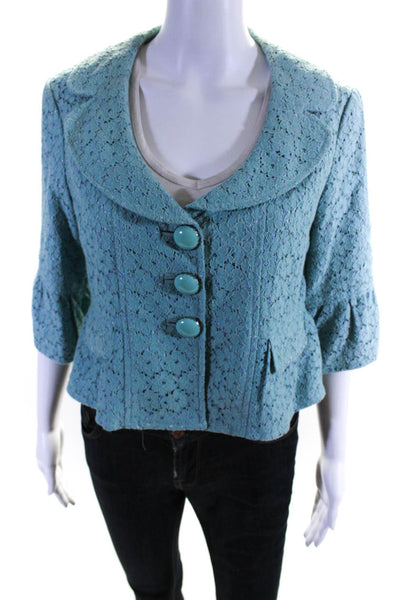 Nanette Lepore Womens Cotton Lace Notched Collar Crop Blazer Light Teal Size S