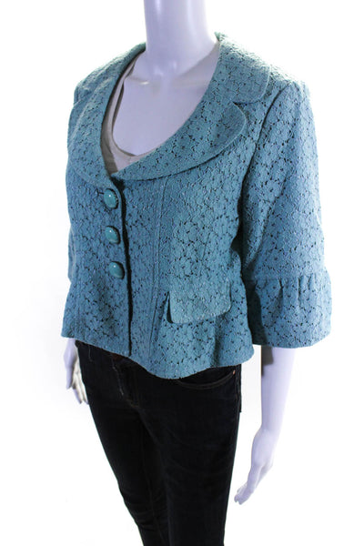 Nanette Lepore Womens Cotton Lace Notched Collar Crop Blazer Light Teal Size S