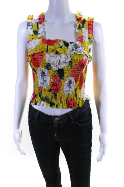 Parker Womens Cotton Sleeveless Shirred Ruffle Floral Print Blouse Yellow Size L