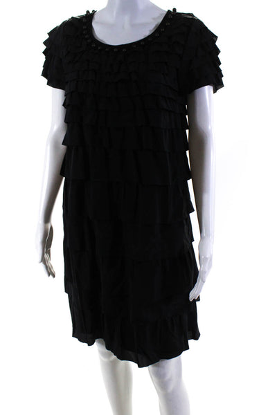DKNY Womens Beaded Crew Neck Tiered Ruffle Short Sleeve Shift Dress Black Size 8