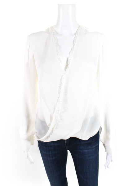 L'Agence Womens Silk Frayed Draped Snap Buttoned Long Sleeve Blouse Cream Size S