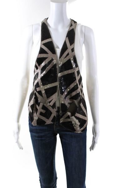 Rozae by Rozae Nichols Womens V Neck Abstract Sequined Vest Brown Size Small