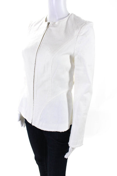 Intermix Womens Crew Neck Full Zip Denim Fringe Jacket White Cotton Size Small