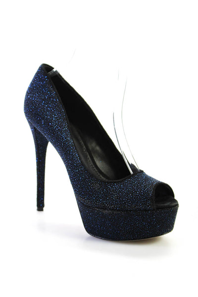 B Brian Atwood Womens Metallic Leather Peep Toe Platform Stilettos Blue Size 7